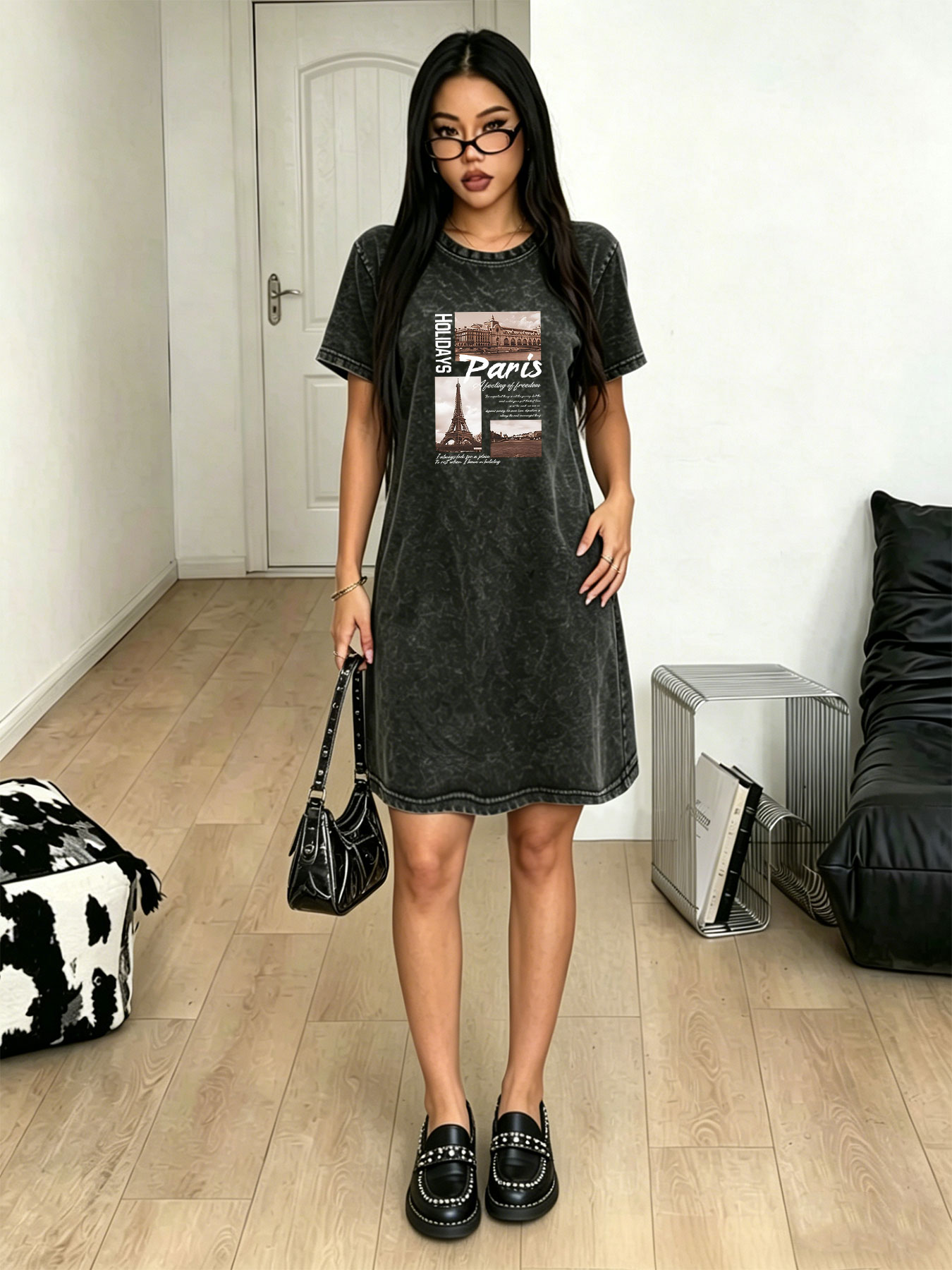 Streetwear Brand In Paris - 여성용 워싱 빈티지 티셔츠 드레스, 패션